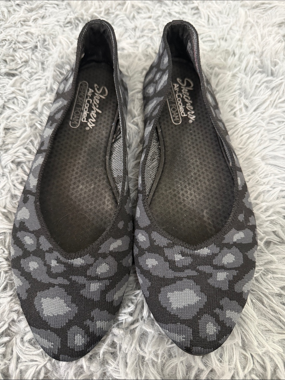 Skechers Black and Gray Leopard Knit Slip-On Flats